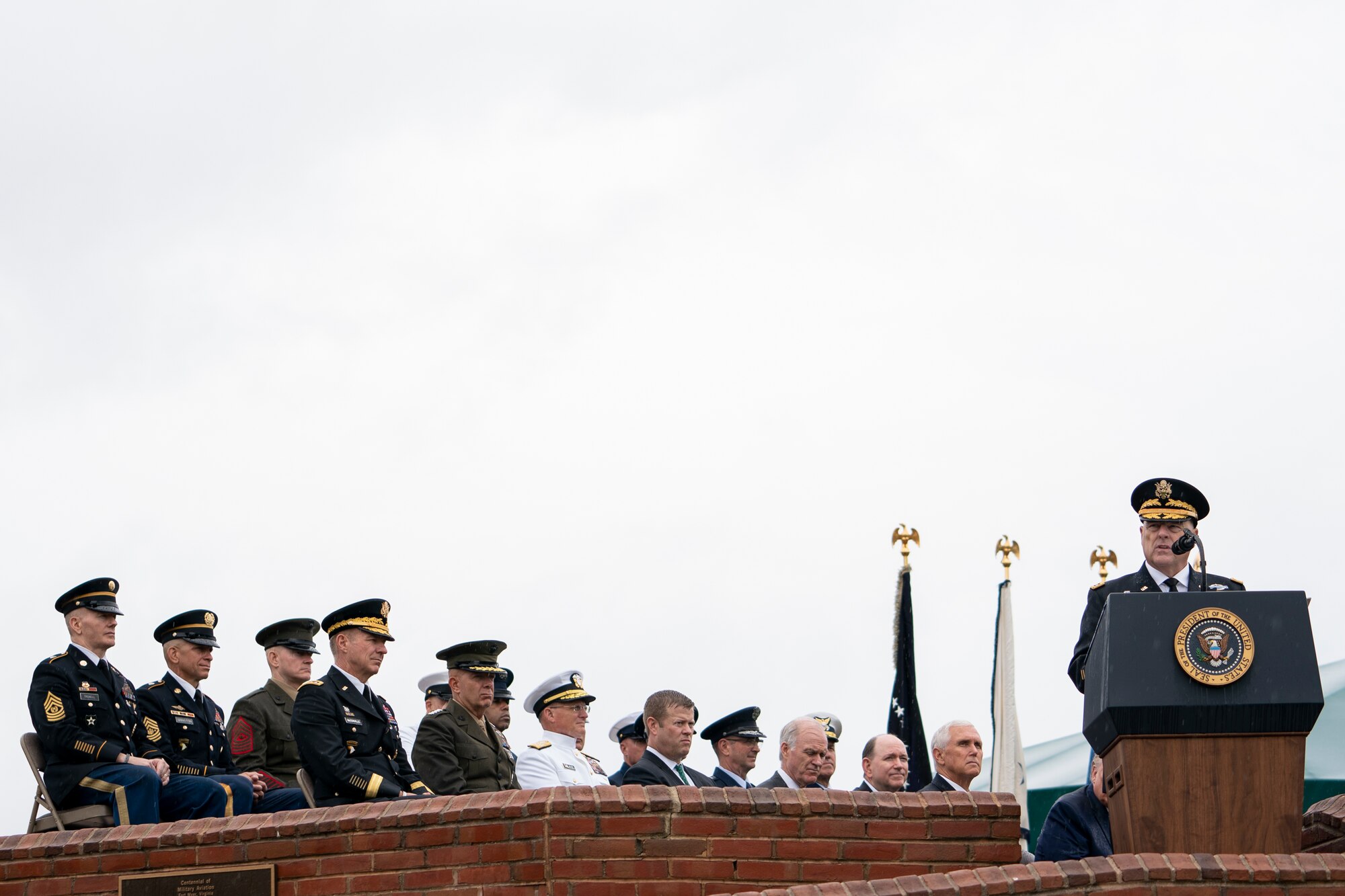 Army Gen. Mark A. Milley, 20th chairman of the Joint Chiefs of Staff, delivers remarks after being sworn in during an armed forces welcome ceremony at Summerall Field, Joint Base Myer-Henderson Hall, Va., Sept. 30, 2019.