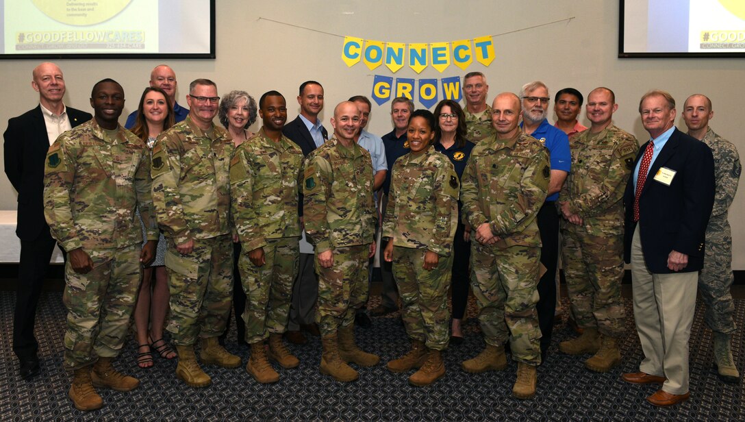 Goodfellow Commanders and Honorary Commanders pose during the Honorary Commanders Luncheon at the event center on Goodfellow Air Force Base, Texas, September 27, 2019. The Honorary Commanders Program promotes public awareness of the Air Force's mission, policies and programs. (U.S. Air Force photo by Airman 1st Class Robyn Hunsinger/Released)