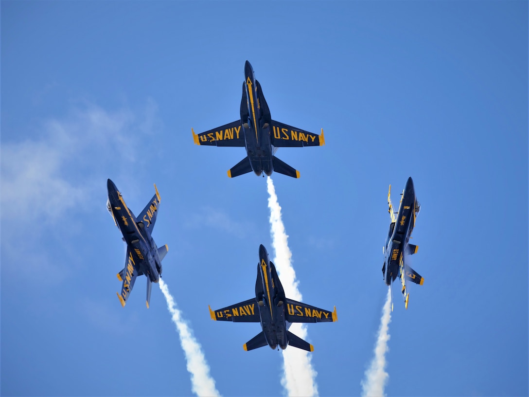 The U.S. Navy Blue Angels Jet Team demonstrate the capabilities of the F/A-18 Hornet at the 2019 Marine Corps Air Station Miramar Air Show on MCAS Miramar, Calif., Sept. 28. This year's air show honors first responders by featuring several performances and displays that highlight first responders and their accomplishments.