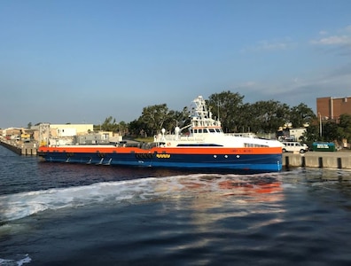 A Ghost Fleet Overlord test vessel sits pier-side following a capstone demonstration during the conclusion of Phase I of the program in September.