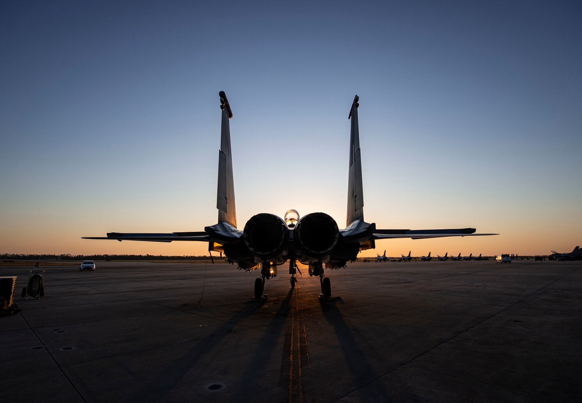 An F-15E Strike Eagle fighter jet assigned to the 422nd Test and Evaluation Squadron, Nellis Air Force Base, Nev., remains parked on the flightline during Combat Archer 19-12 on Tyndall AFB, Fla., Sept. 24, 2019. Combat Archer is the Department of Defense’s largest air-to-air live fire missile employment exercise. (U.S. Air Force photo by Airman 1st Class Bailee A. Darbasie)