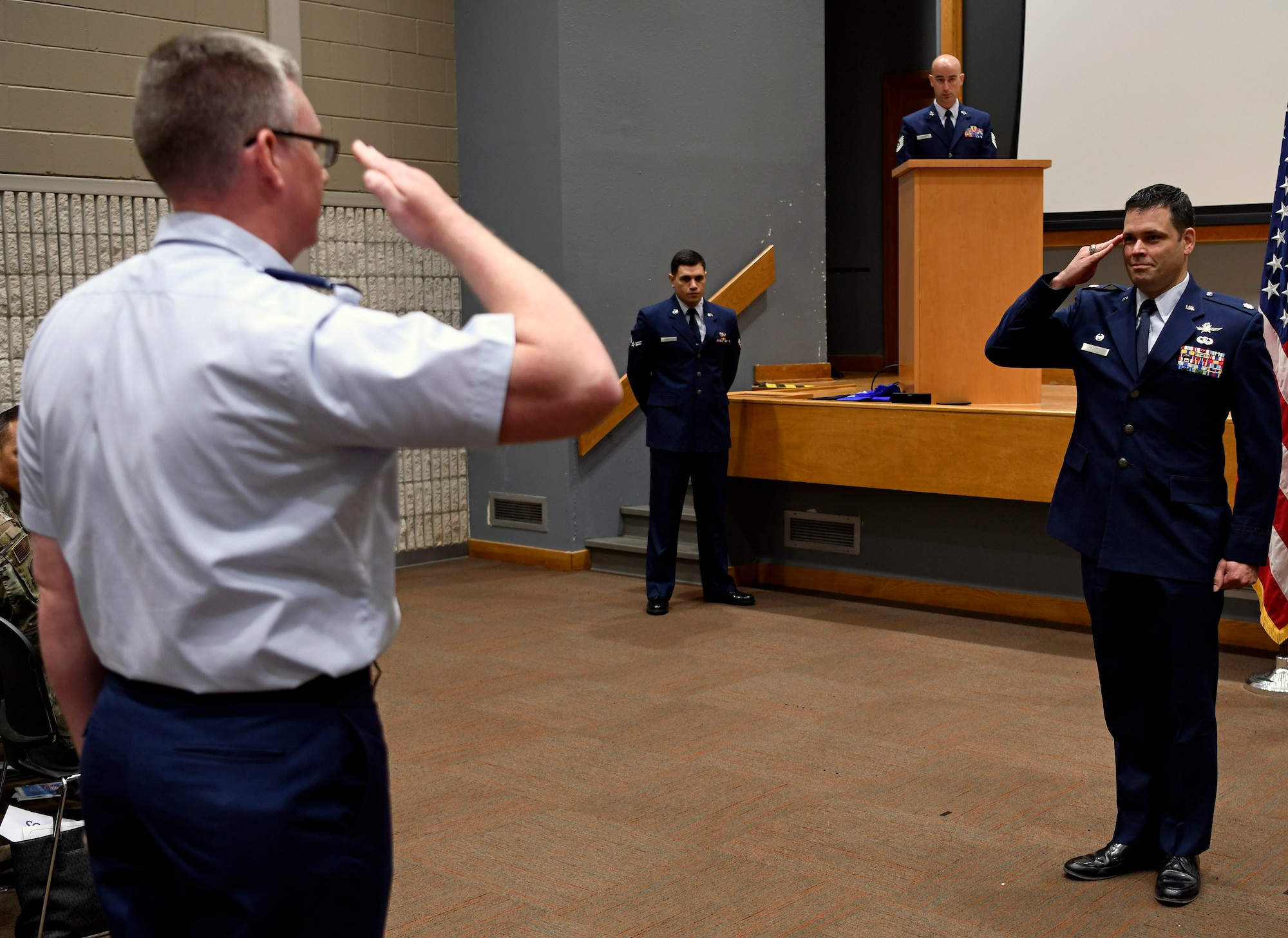 Lt. Col. Peter Francik (right), 318th Range Squadron commander, accepts his first salute as commander during a ceremony at Joint Base San Antonio-Lackland, Texas, Oct. 1, 2019. The 318th RANS was also activated during the ceremony. (U.S. Air Force photo by Tech. Sgt. R.J. Biermann)