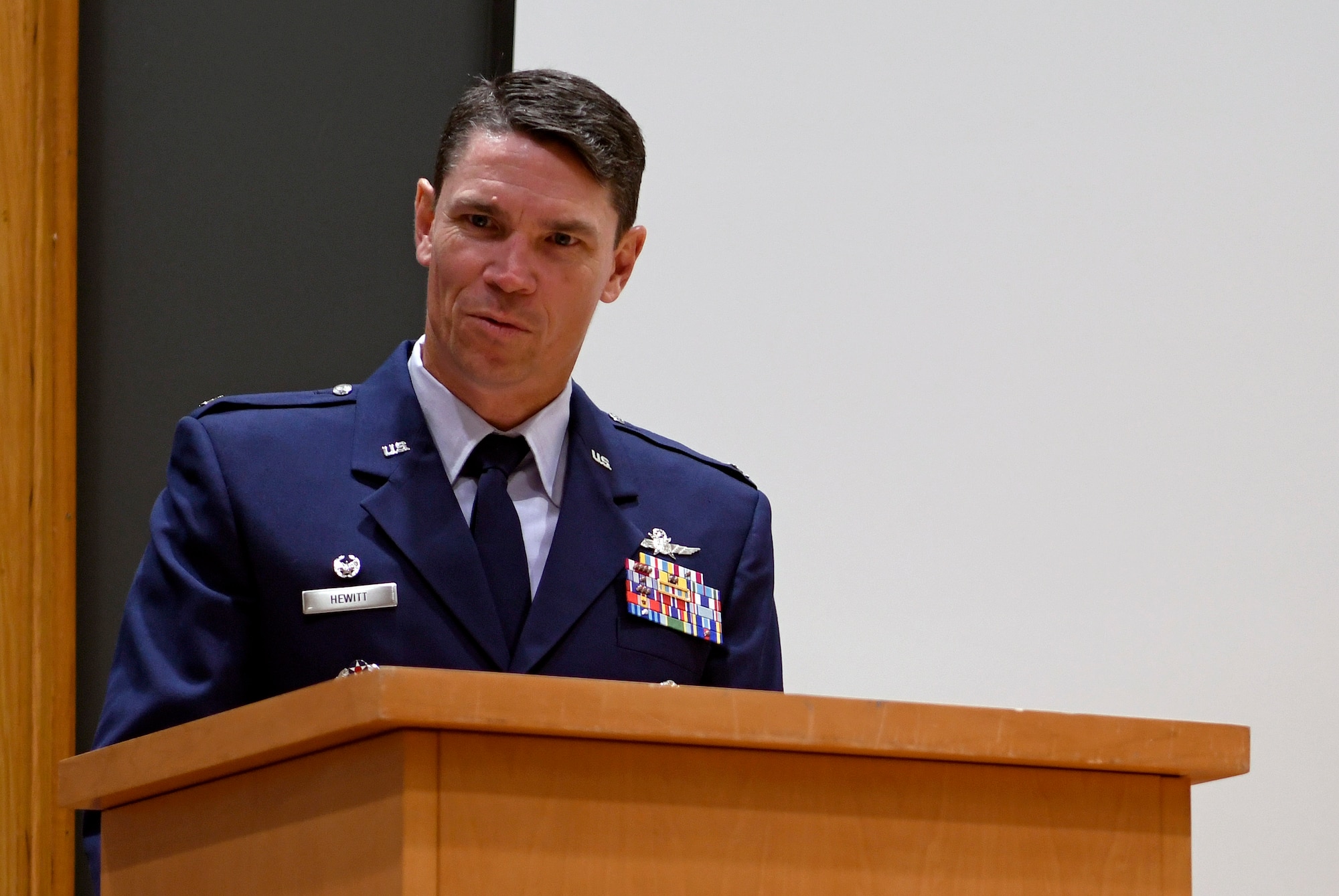 Col. James Hewitt, 318th Cyberspace Operations Group commander, welcomes attendees to the 318th Range Squadron activation ceremony at Joint Base San Antonio-Lackland, Texas, Oct. 1, 2019. Lt. Col. Peter Francik also assumed command during the ceremony. (U.S. Air Force photo by Tech. Sgt. R.J. Biermann)