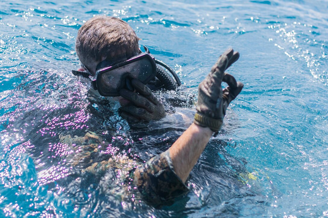 A service member dives in the ocean.