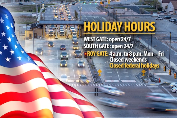 An illustration depicting Hill Air Force Base's West, South and Roy Gate hours for federal holidays. For Columbus Day on Monday, Oct. 14, 2019, the South Gate and West Gate will be open 24/7. The Roy Gate will be closed.