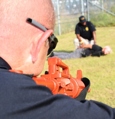 Marine Corps Support Facility Blount Island hosts annual exercise. The purpose of the exercise is to evaluate the police force’s training in responding to the scenarios. Another critical task was to establish a Unified Command with local responders to properly react to the threat. (U.S. Marine Corps photo by Nathan Hanks)