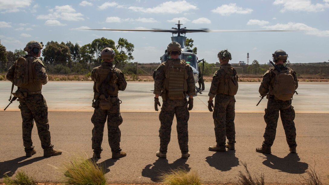 Marines demonstrate the capabilities of the Marine Air-Ground Task Force at the 2019 Marine Corps Air Station Miramar Air Show on MCAS Miramar, Calif., Sept. 29. This year’s air show honors first responders by featuring several performances and displays that highlight first responders and their accomplishments.  (U.S. Marine Corps photo by Lance Cpl. Jaime Reyes)