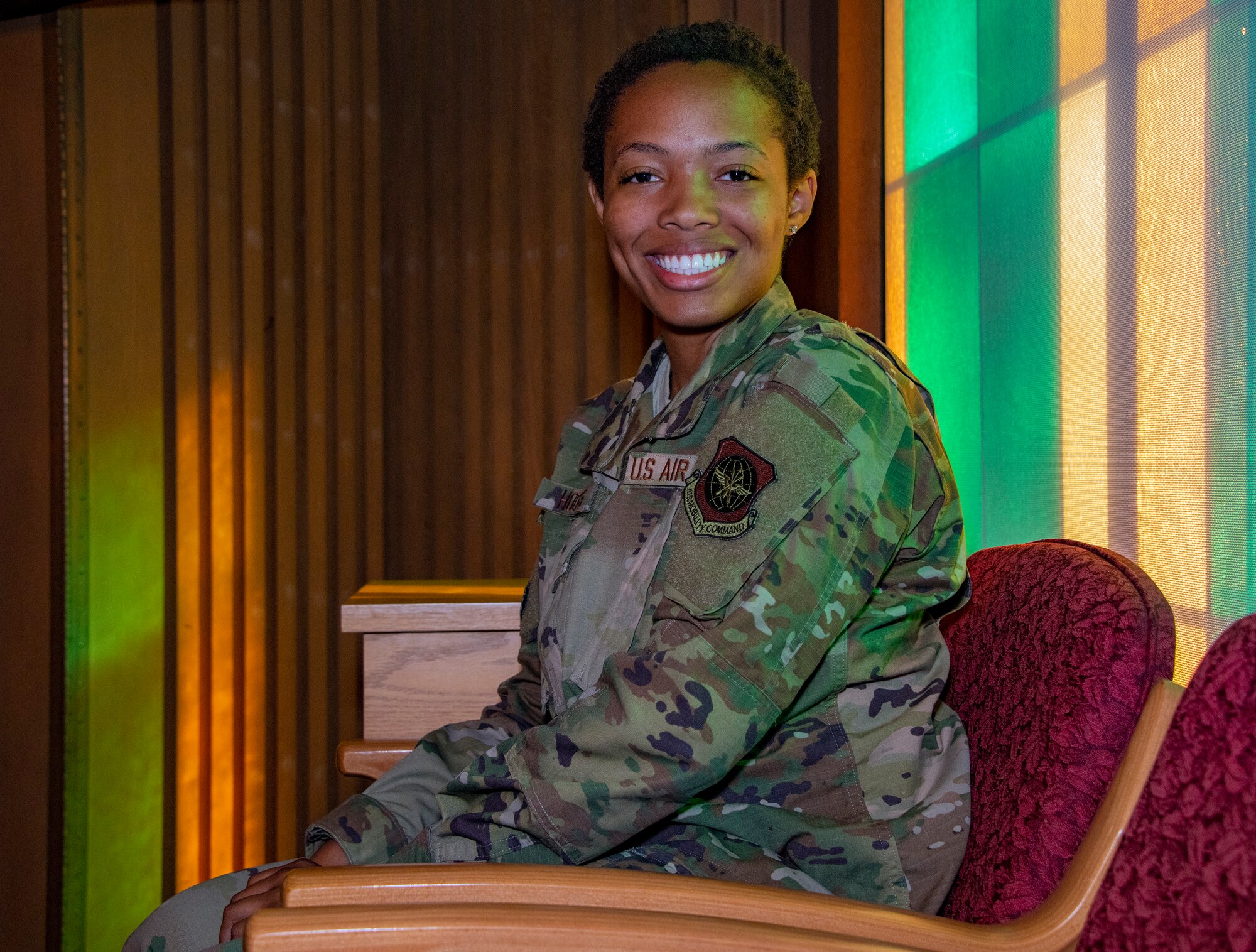U. S. Air Force Airman 1st Class Kasen Hodges, 60th Air Mobility Wing Chapel religious affairs journeyman, sits in the Twin Peaks main chapel Oct. 1, 2019, at Travis Air Force Base, California. Hodges is the 60th Air Mobility Wing Warrior of the Week for Sept. 29-Oct. 5, 2019.  The Warrior of the Week program recognizes an outstanding Travis Airman or noncommissioned officer. (U.S. Air Force photo by Heide Couch)