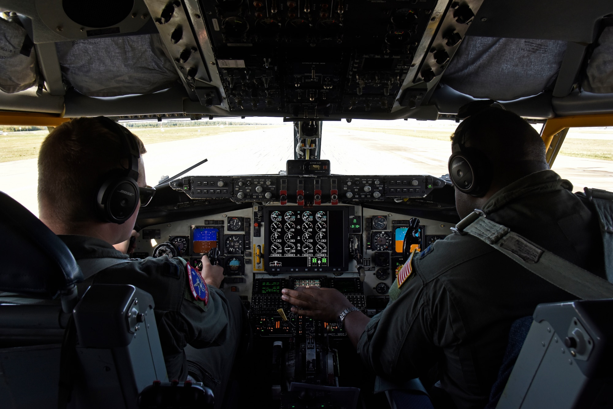 U.S. Air Force Capt. Ryan Turner, 93rd Air Refueling Squadron KC-135 Stratotanker pilot, and Capt. Ntungwe Sobe, 384th ARS KC-135 aircraft commander, prepare to take off at Eielson Air Force Base, Alaska, Aug. 30, 2019. The responsibility of an aircraft commander is earned through several hours of flying and training, and can take two to three years from when pilots first gain their wings. To become a pilot, students must understand the basics to theory of flight, air navigation, meteorology, aircraft operating procedures and mission tactics. (U.S. Air Force photo by Senior Airman Jesenia Landaverde)