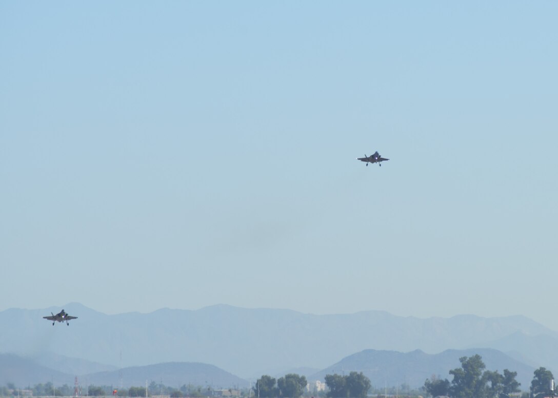 Two F-35A Lightning IIs, assigned to the 56th Fighter Wing, prepare to land Oct. 1, 2019, at Luke Air Force Base, Ariz.