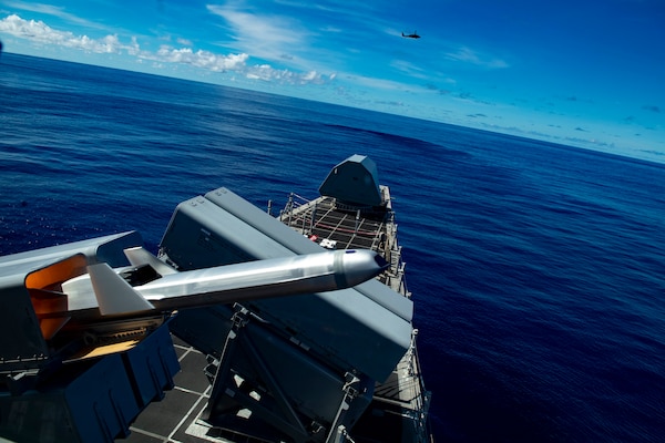 PHILIPPINE SEA (Oct. 1, 2019) Independence-variant littoral combat ship USS Gabrielle Giffords (LCS 10) launches a Naval Strike Missile (NSM) during exercise Pacific Griffin. The NSM is a long-range, precision strike weapon that is designed to find and destroy enemy ships. Pacific Griffin is a biennial exercise conducted in the waters near Guam aimed at enhancing combined proficiency at sea while strengthening relationships between the U.S. and Republic of Singapore navies.