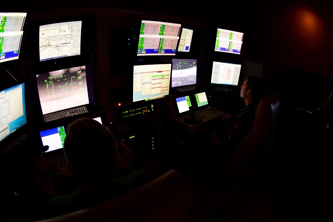 Remotely Piloted Aircraft aircrew fly simulated missions in an MQ-9 Reaper cockpit at Creech Air Force Base, Nevada, Sept. 4, 2019. The RPA mission is supported by Airmen in a variety of roles, including intelligence analysts, air traffic controllers and maintenance professionals. (U.S. Air Force photo by Senior Airman Haley Stevens)