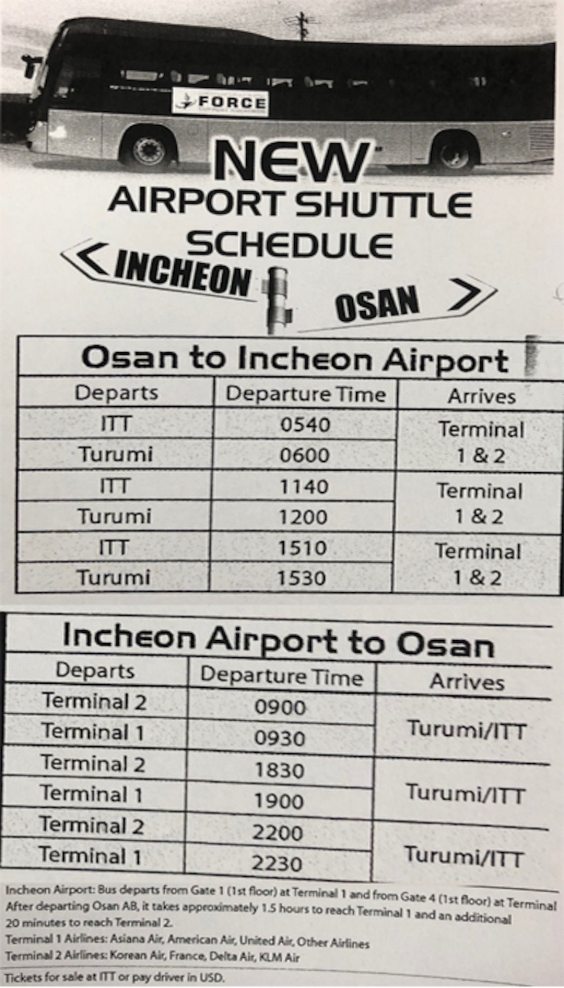 Bus schedules travelling from Osan Air Base, Republic of Korea to Icheon International Airport, and from Icheon to Osan AB.