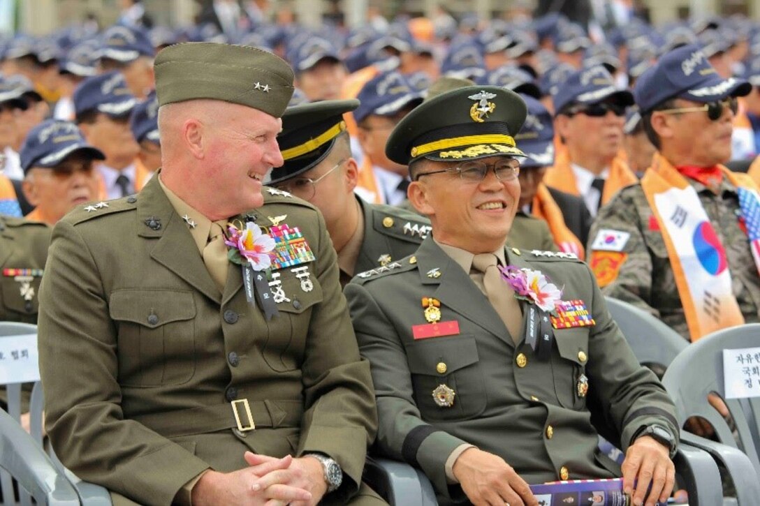 U.S. Marine Corps Maj. Gen. Bradley James and Republic of Korea Marine Corps Commandant Lt. Gen. Lee Seung-do, attend the Changjin Campaign Commemoration Ceremony in Seoul, Sept. 27. Both Generals spoke about the significance of the Changjin Campaign and its impact on the relationship between the two nations. (U.S. Marine Corps photo by Sgt. Parker Golz)