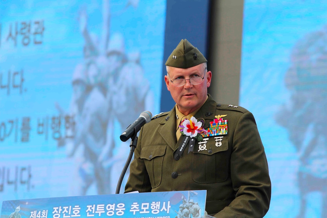 Maj. Gen. Bradley James, Commander of U.S. Marine Corps Forces Korea, speaks at the Changjin Campaign Commemoration Ceremony in Seoul, Sept. 27. During the commemoration Maj. Gen. James gave remarks hailing the relationship between the Republic of Korea and U.S. armed forces. (U.S. Marine Corps photo by Sgt. Parker Golz)