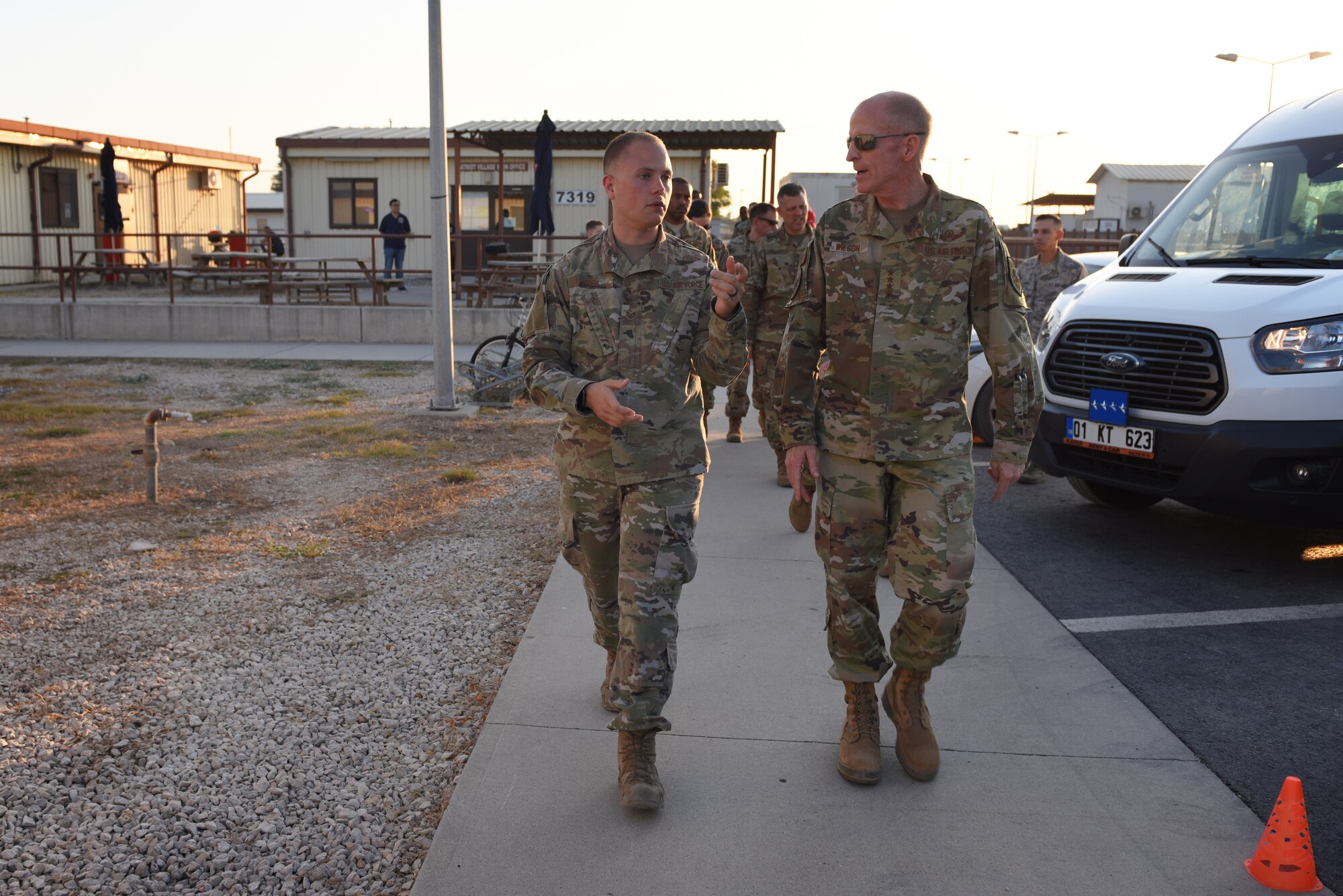 U.S. Air Force Vice Chief of Staff Stephen W. Wilson receives a briefing from a deployed Airman at Incirlik Air Base, Turkey, Sept. 29, 2019. Wilson visited various facilities around the installation in order to observe the state of morale, readiness and wellness of the Airmen at Incirlik. (U.S. Air Force photo by Staff Sgt. Joshua Magbanua)