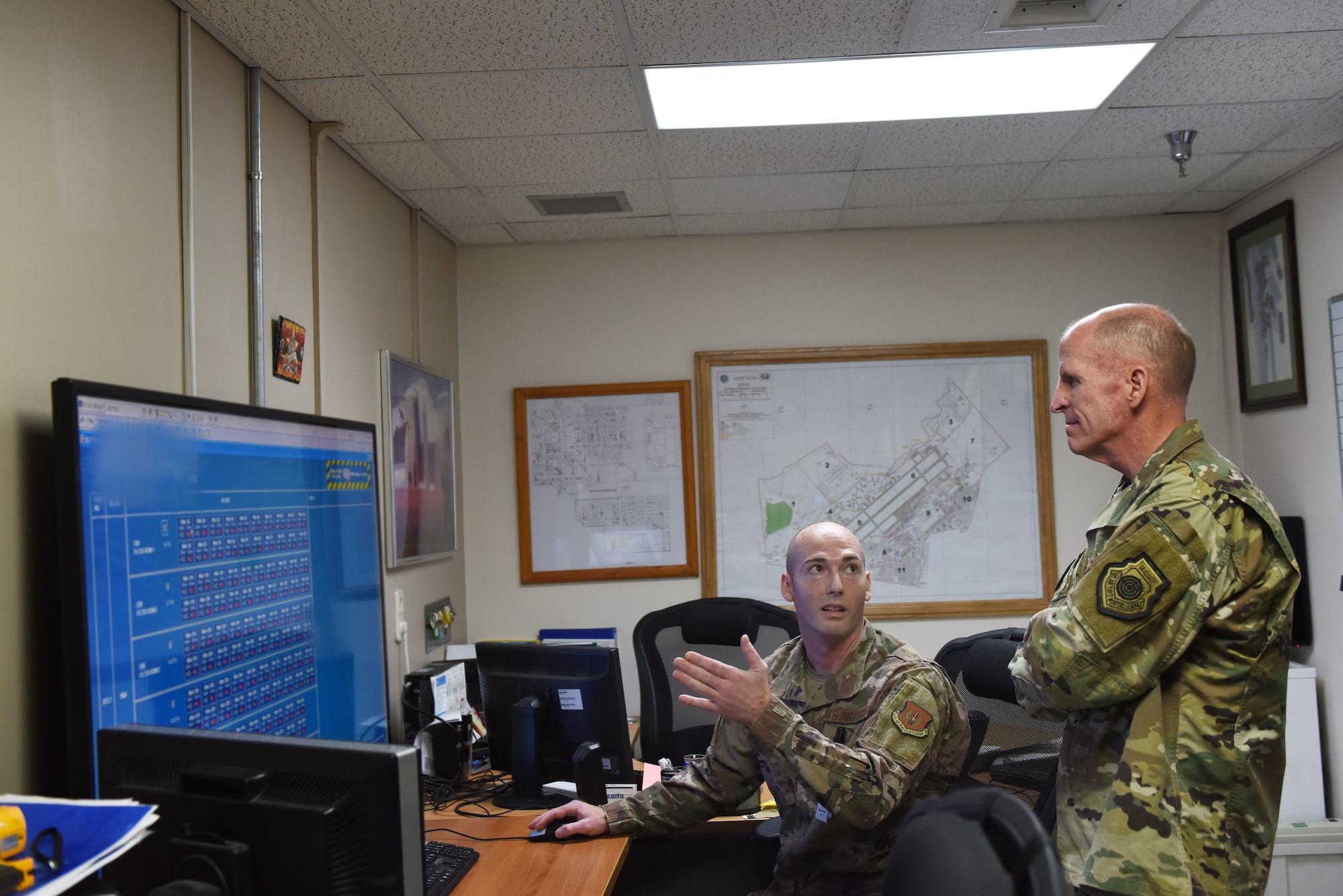 U.S. Air Force Vice Chief of Staff Stephen W. Wilson receives a briefing from Staff Sgt. Joshua Cowper, 39th Medical Support Squadron non-commissioned officer in charge of medical maintenance, during a visit to Incirlik Air Base, Sept. 30, 2019. Airmen around the installation briefed Wilson concerning the mission capabilities of their respective units. (U.S. Air Force photo by Staff Sgt. Joshua Magbanua)