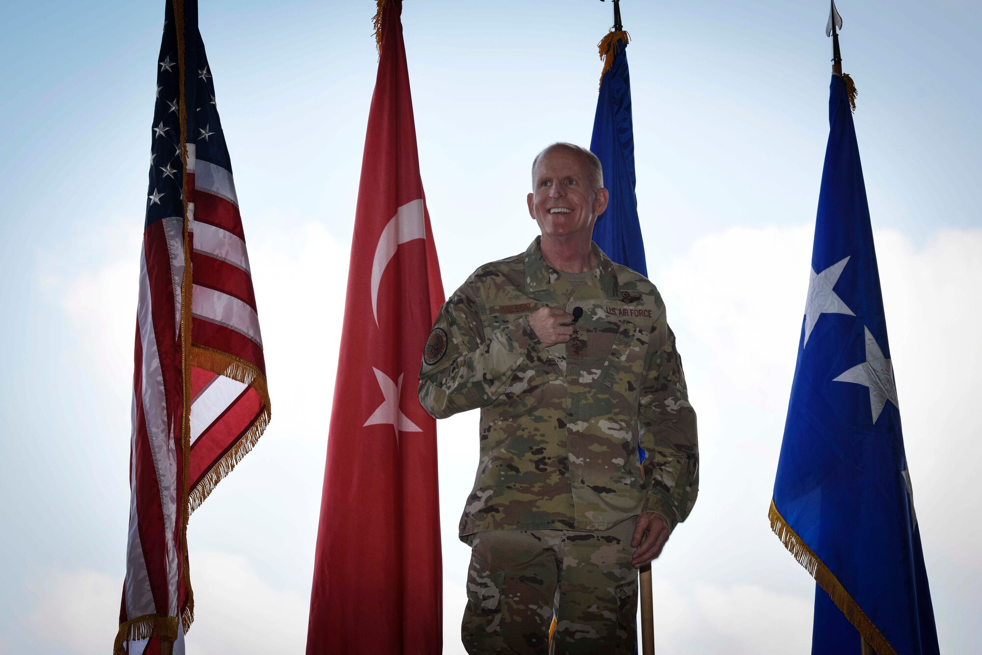 U.S. Air Force Vice Chief of Staff Stephen W. Wilson addresses Airmen during an all-call at Incirlik Air Base, Turkey, Sept. 30, 2019. Wilson toured facilities and spoke with Airmen about various topics including readiness, resiliency and the strategic importance of their mission. (U.S. Air Force photo by Staff Sgt. Joshua Magbanua)