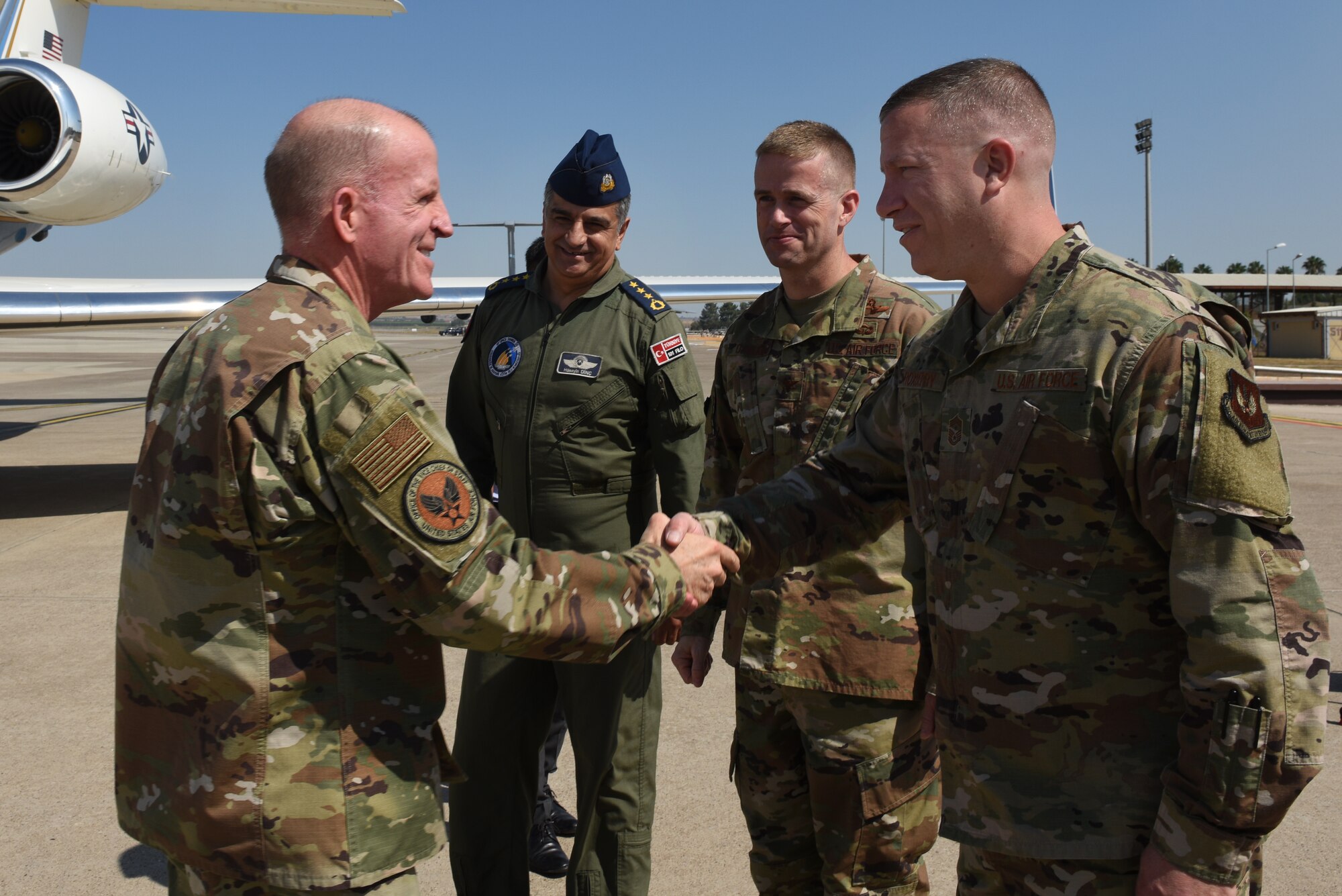 U.S. Air Force Vice Chief of Staff Ge. Stephen W. Wilson, left, shakes hands with U.S. and Turkish air force leadership at Incirlik Air Base, Turkey, Sept 29, 2019. Wilson's visit to Incirlik was part of a series of tours to various Air Force installations. (U.S. Air Force photo by Staff Sgt. Joshua Magbanua)