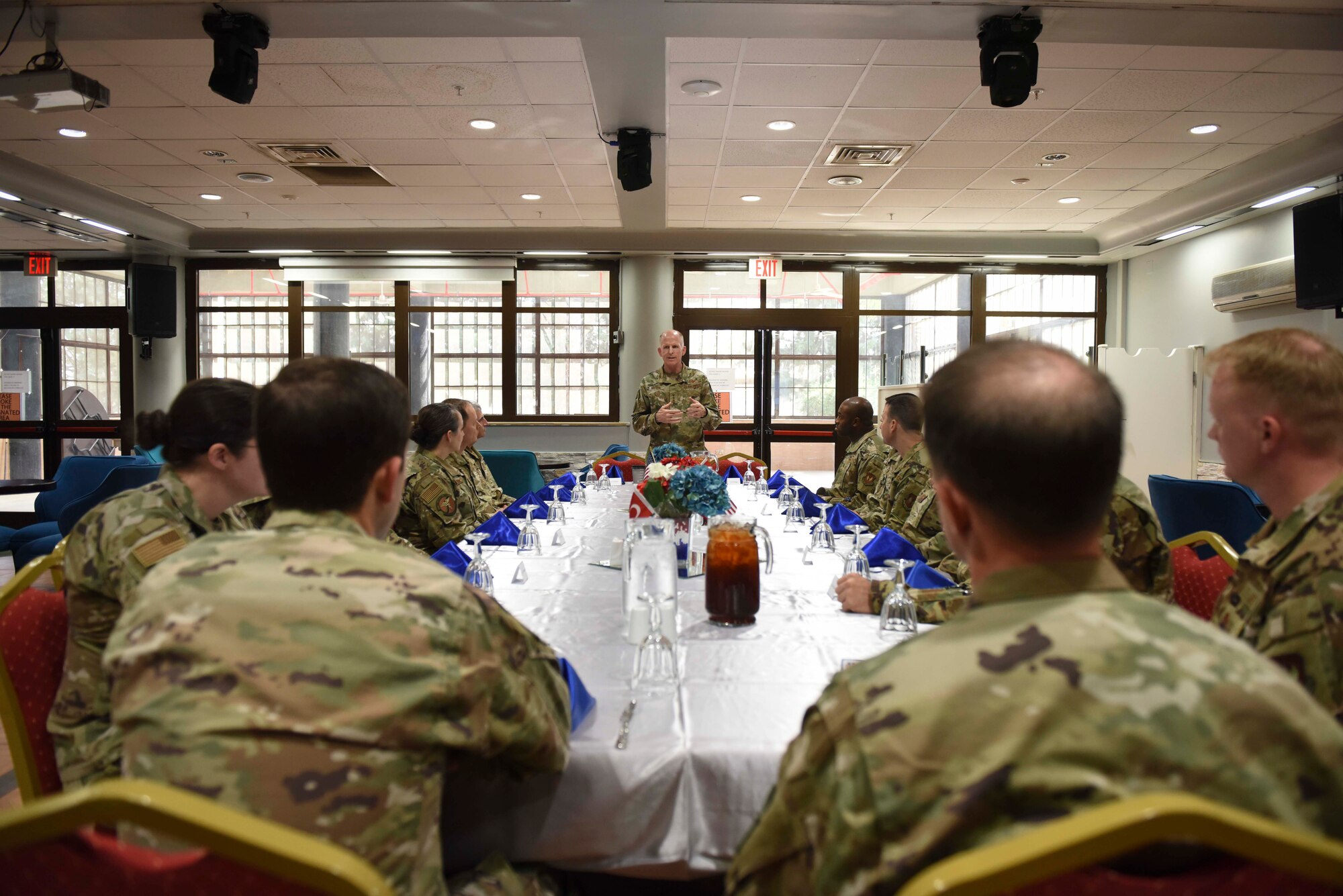 U.S. Air Force Vice Chief of Staff Stephen W. Wilson speaks during a luncheon with 39th Air Base Wing officials at Incirlik Air Base, Turkey, Sept. 29, 2019. Wilson met with the wing's leaders in order to gain insight on the mission readiness of U.S. Forces in the area of responsibility. (U.S. Air Force photo by Staff Sgt. Joshua Magbanua)