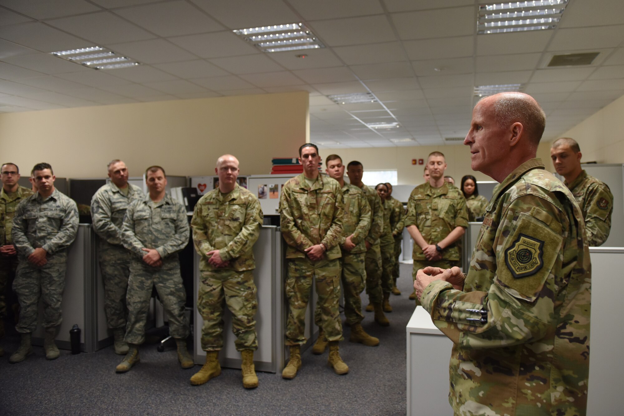 U.S. Air Force Vice Chief of Staff Gen. Stephen Wilson greets 39th Comptroller Suadron Airmen during a visit to Incirlik Air Base, Turkey, Sept. 29, 2019. Wilson thanked the Airmen for their role in the Air Force's mission accompishment and encouraged them to continue practicing good stewardship of government resources. (U.S. Air Force photo by Staff Sgt. Joshua Magbanua)