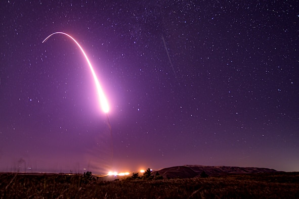 An unarmed Minuteman III intercontinental ballistic missile launches during an operational test at 1:13 a.m. Pacific Time, Oct. 2, 2019, at Vandenberg Air Force Base, Calif. The test demonstrates the United States’ nuclear deterrent is robust, flexible, ready and approximately tailored to deter twenty-first century threats and reassure our allies. (U.S. Air Force Photo by Staff Sgt. J.T. Armstrong)