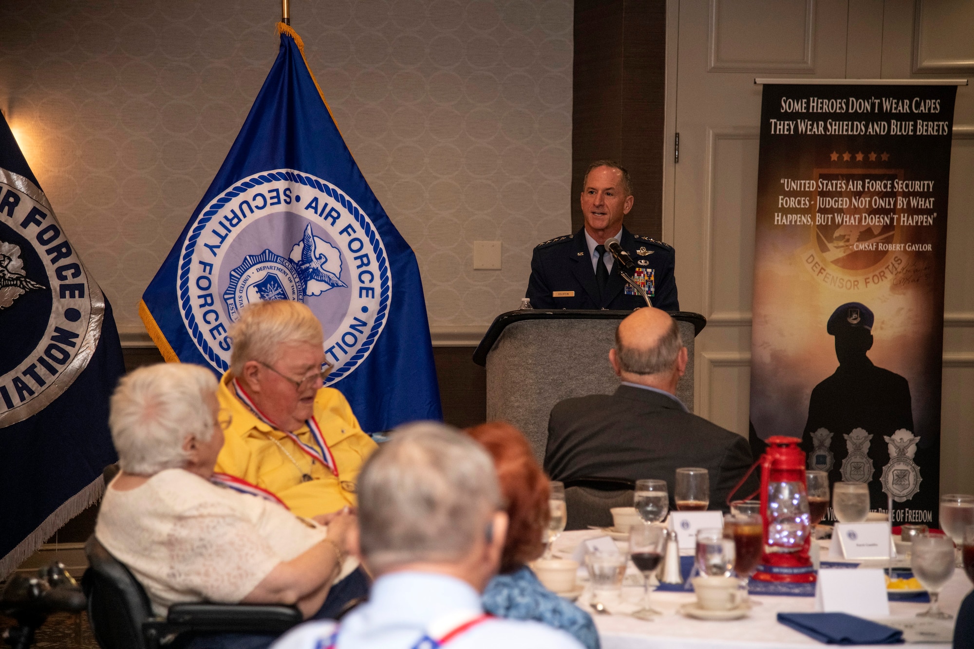 Air Force Chief of Staff Gen. David L. Goldfein addresses Security Forces Defenders, past and present, at the 33rd Air Force Security Forces Association national meeting banquet in San Antonio Sept. 28.9, in San Antonio, Texas.