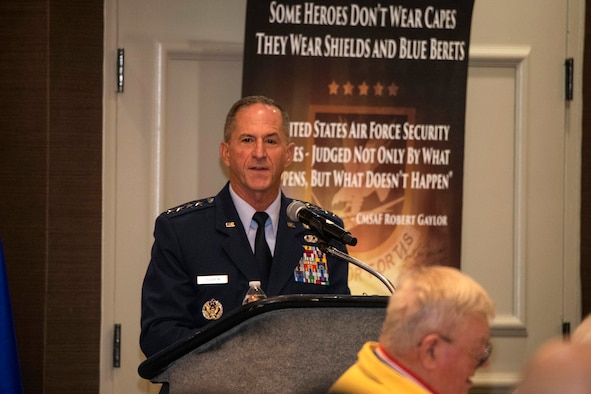 Air Force Chief of Staff Gen. David L. Goldfein speaks to members of the 343rd Training Squadron who made up the honor guard at the Air Force Security Forces Association banquet Sept. 28, 2019, in San Antonio, Texas.