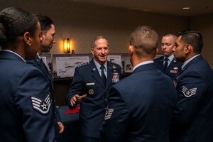 Air Force Chief of Staff Gen. David L. Goldfein speaks to members of the 343rd Training Squadron who made up the honor guard at the Air Force Security Forces Association banquet Sept. 28, 2019, in San Antonio, Texas.