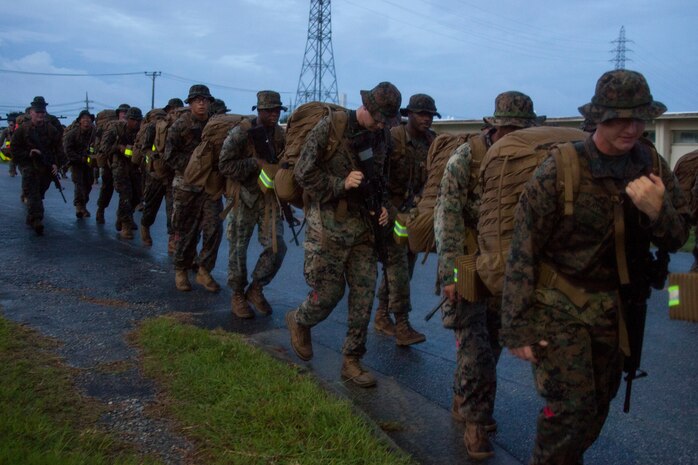 Marines with Maneuver Company, Combat Logistics Battalion 31, 31st Marine Expeditionary Unit, complete a conditioning hike, Camp Hansen, Okinawa, Japan, Sept. 6, 2019. Composed of engineers, motor transport and landing support, Maneuver Company was activated to optimize training while in garrison and to excel in distributed operations when deployed with the 31st MEU. The 31st MEU, the Marine Corps’ only continuously forward-deployed MEU, provides a flexible and lethal force ready to perform a wide range of military operations as the premier crisis response force in the Indo-Pacific region.