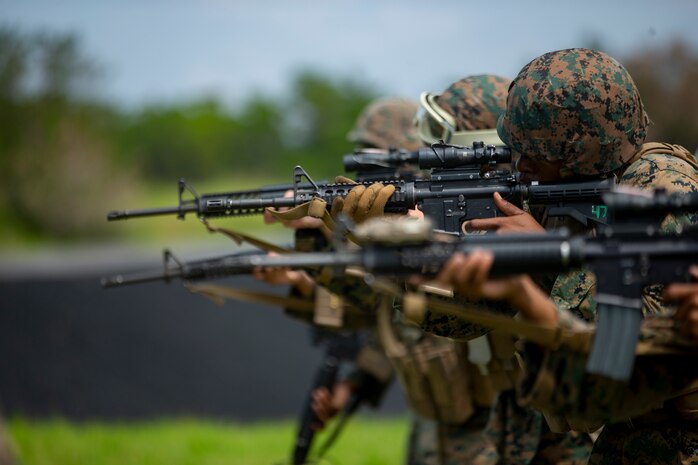 Marines with Maneuver Company, Combat Logistics Battalion 31, 31st Marine Expeditionary Unit, sight in during a live fire exercise at Camp Hansen, Okinawa, Japan, September 17, 2019. The 31st MEU, the Marine Corps' only continuously forward-deployed MEU, provides a flexible and lethal force ready to perform a wide range of military operations as the premier crisis response force in the Indo-Pacific region.
