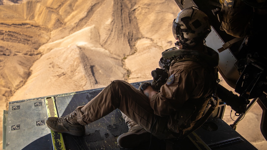 A U.S. Marine with Marine Medium Tiltrotor Squadron 364, attached to Special Purpose Marine Air-Ground Task Force-Crisis Response-Central Command, participates in a simulated air raid as part of the Middle East Amphibious Commanders Symposium, Sept. 24, 2019. The SPMAGTF-CR-CC is a multiple force provider designed to employ ground, logistics, and air capabilities throughout the Central Command area of responsibility.
