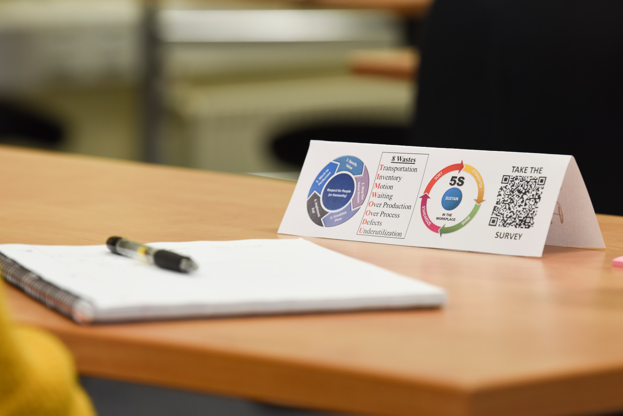 A name placard rests on a desk during a continuous process improvement seminar at RAF Mildenhall, Sept. 26, 2019. The seminar was paired with the Six Sigma method to help spouses improve their individual processes both in the workplace, as well as in their personal life. (U.S. Air Force photo by Staff Sgt. Matthew J. Wisher)