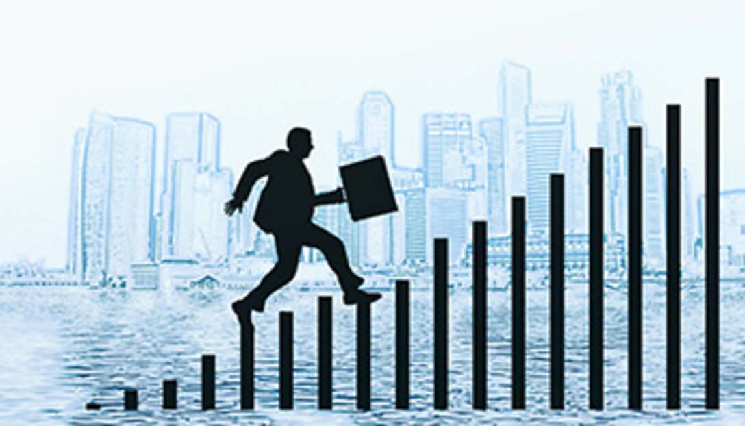 Image of clip art man climbing up black steps.