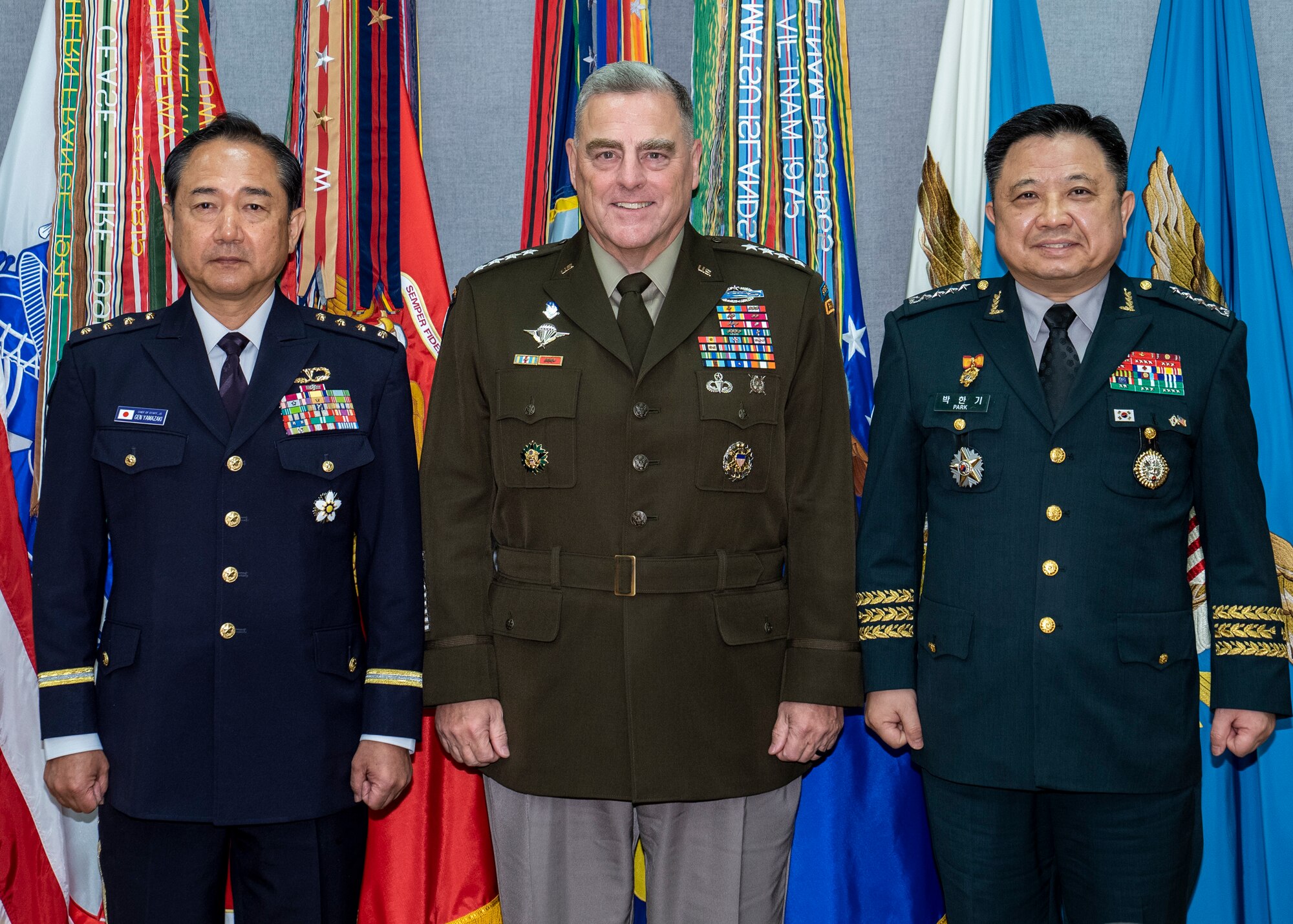 Chairman of the Joint Chiefs of Staff Army Gen. Mark A. Milley hosts Chairman of the Republic of Korea Joint Chiefs of Staff Gen. Hanki Park and Japanese Chief of Staff, Joint Staff Gen. Koji Yamazaki for a multilateral meeting Oct. 1 at the Pentagon, Washington, D.C.