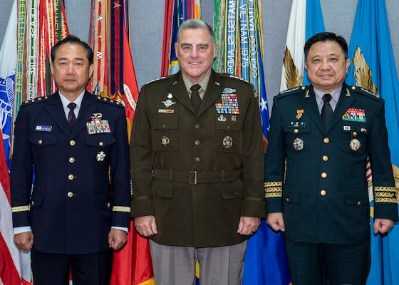 Chairman of the Joint Chiefs of Staff Army Gen. Mark A. Milley hosts Chairman of the Republic of Korea Joint Chiefs of Staff Gen. Hanki Park and Japanese Chief of Staff, Joint Staff Gen. Koji Yamazaki for a multilateral meeting Oct. 1 at the Pentagon, Washington, D.C.