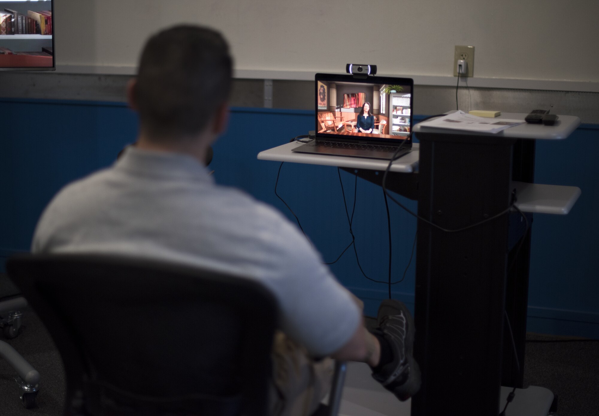 U.S. Air Force Capt. John Hoffecker, 204th Intelligence Squadron flight commander, listens to an artificial intelligence presentation during a live simulation – mixing reality leadership experience in a Flight Commander Course on Joint Base McGuire-Dix-Lakehurst, New Jersey, Sept. 27, 2019. Incorporating the AI simulation into the class teaches the importance of improving Air Force squadrons by empowering one of Chief of Staff of the U.S. Air Force General David L. Goldfein’s line of efforts of “Strengthen Squadron Leadership and Culture.” (U.S. Air Force photo by Airman 1st Class Ariel Owings)