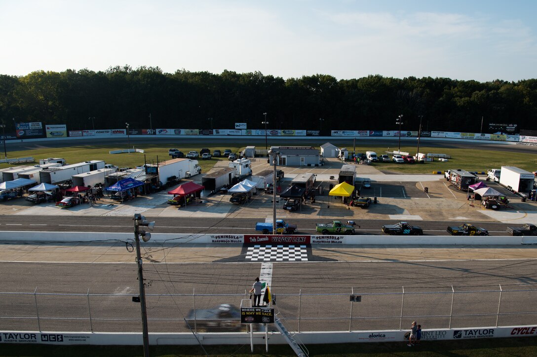 A race participant qualifies during the Military Appreciation Night at Larry King Law's Langley Speedway, Hampton, Virginia, Sept. 28, 2019.