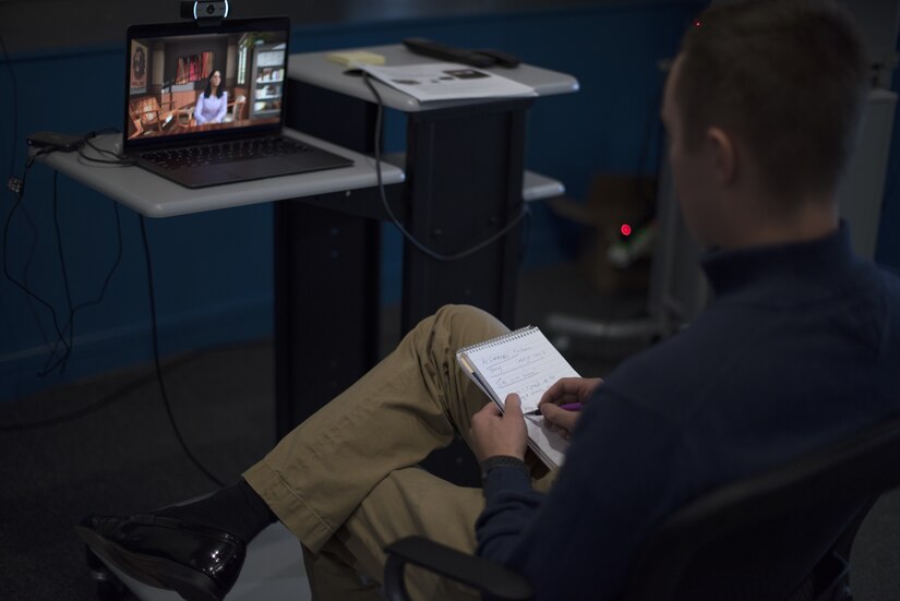A Flight Commander Course student takes notes during a live simulation – mixing reality leadership experience with artificial intelligence on Joint Base McGuire-Dix-Lakehurst, New Jersey, Sept. 27, 2019. Instructors included the simulation into the course to allow flight commander’s the opportunity to utilize the tools such as emotional intelligence, feedback and First Sergeants. (U.S. Air Force photo by Airman 1st Class Ariel Owings)