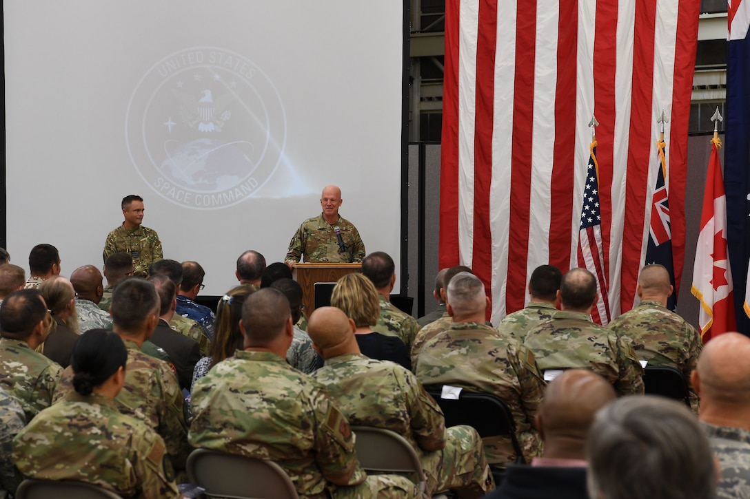 Gen. John W. “Jay” Raymond, U.S. Space Command commander, speaks during the Combined Force Space Component Command establishment ceremony Oct. 1, 2019, at Vandenberg Air Force Base, Calif.