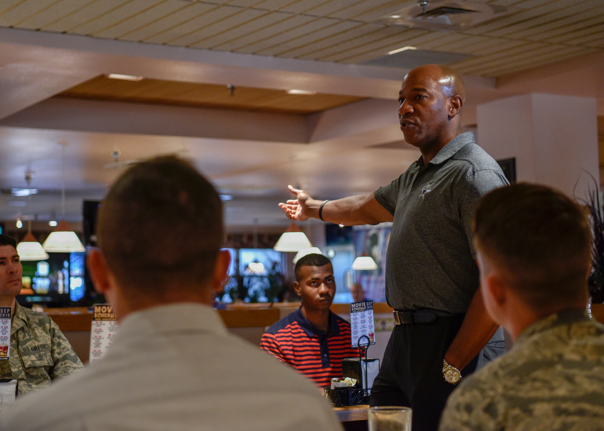 Chief Master Sgt. of the Air Force Kaleth O. Wright talks about leadership with Airmen at Kirtland Air Force Base, N.M., Sept. 28, 2019. Exceptional Airmen from various units at Kirtland were chosen to have breakfast with Wright, ask questions, and learn from the experiences that the chief has had in his Air Force career. (U.S. Air Force photo by Airman 1st Class Austin J. Prisbrey)