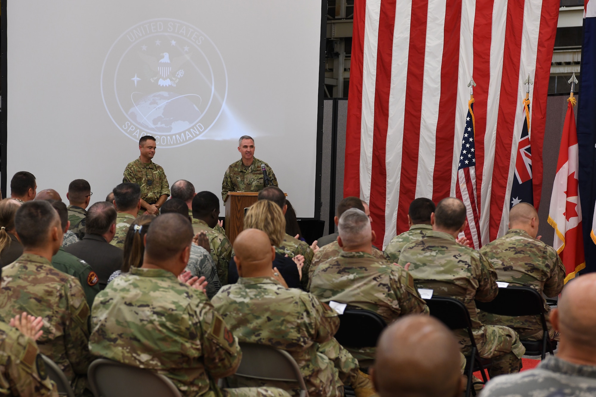 Maj. Gen. Stephen N. Whiting, the Combined Force Space Component Commander and 14th Air Force commander, speaks after assuming command of the CFSCC Oct. 1, 2019, at Vandenberg Air Force Base, Calif.