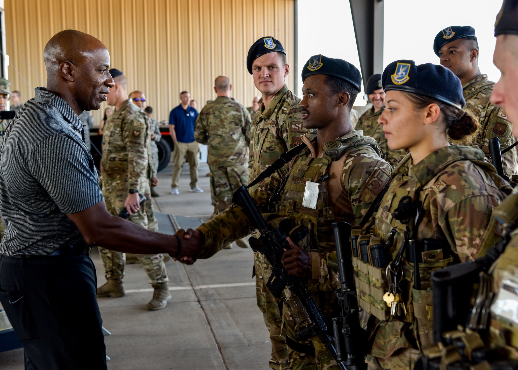 Chief Master Sgt. of the Air Force Kaleth O. Wright meets with Defenders with the 377th Weapons System Security Squadron at Kirtland Air Force Base, N.M., Sept. 28, 2019. During the tour of Kirtland AFB, Wright encouraged Airmen to know their ‘why’ and asked that they make at least two connections with fellow Airmen after he left. (U.S. Air Force photo by Airman 1st Class Austin J. Prisbrey)