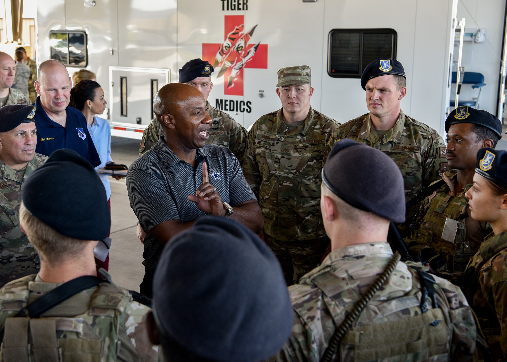 Chief Master Sgt. of the Air Force Kaleth O. Wright speaks to Defenders with the 377th Weapons System Security Squadron on how important they are to the Air Force at Kirtland Air Force Base, N.M., Sept. 28, 2019. During the tour of Kirtland AFB, Wright encouraged Airmen to know their ‘why’ and asked that they make at least two connections with fellow Airmen after he left. (U.S. Air Force photo by Airman 1st Class Austin J. Prisbrey)