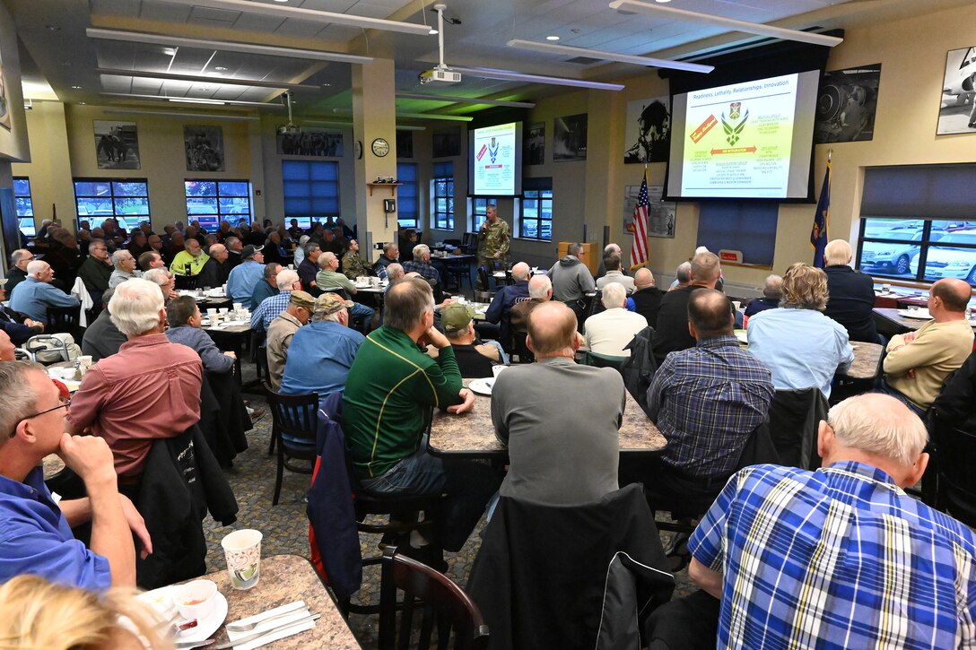 Col Darrin Anderson, the 119th Wing commander, gives an organizational update presentation to retired unit members at the annual 119th Wing Chief’s Council retiree breakfast at the North Dakota Air National Guard Base, Fargo, N.D., Oct. 2, 2019.