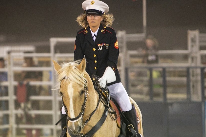 A Marine rides a horse.