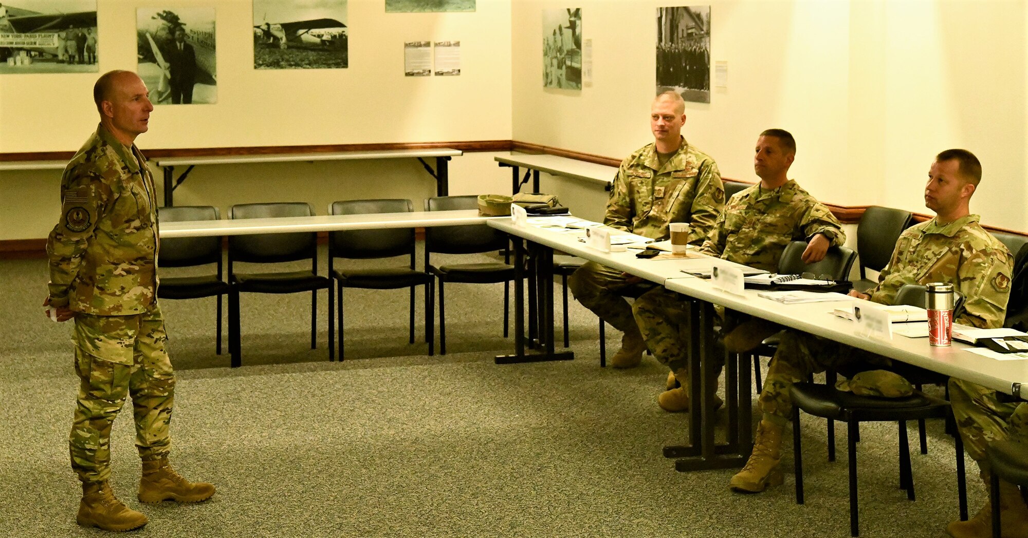 Maj. Gen. Carl Schaefer, Air Force Materiel Command deputy commander, provides opening remarks during the inaugural AFMC Command Chief Orientation, Oct. 1, at Wright-Patterson Air Force Base, Ohio. The two day event, was designed to familiarize new AFMC wing and center command chiefs with the overall organizational mission and how their units fit into the bigger picture. (Air Force Photo by Darrius Parker/released