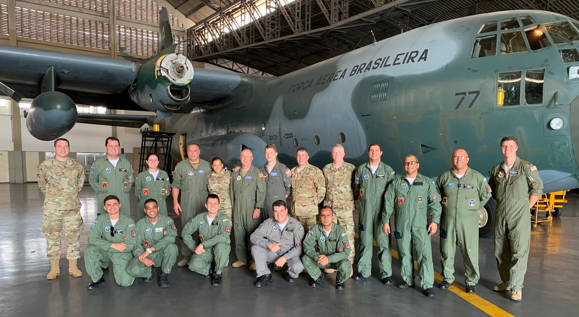 U.S. Air Force Airmen, assigned to the 109th Airlift Wing, New York Air National Guard, pose for a photo with members of the Brazilian Air Force's 1st Squadron, 1st Transport Group at Galeao Air Base, Rio de Janerio, Brazil, during a State Partnership Program exchange Sept. 17, 2019. The 109th AW specializes in Antarctica operations and discussed Artic flying with their Brazilian counterparts. The New York National Guard entered into a state partnership with Brazil in March, 2019. (Courtesy photo)