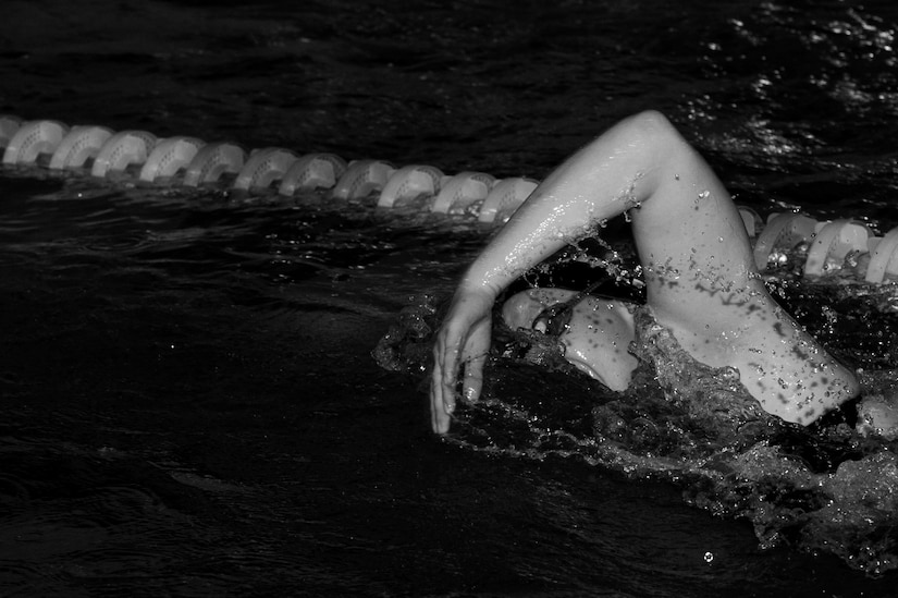 U.S. Air Force 1st Lt. Genevieve Miller, 17th Intelligence Squadron deputy flight commander, swims at Joint Base Langley-Eustis, Virginia, Sept. 19, 2019.