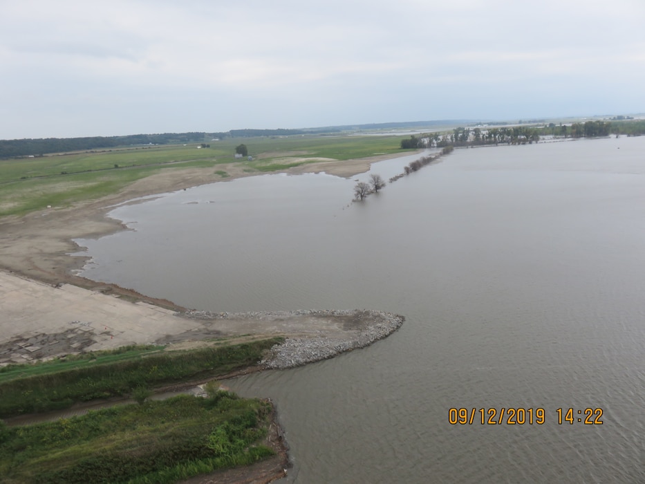 Aerial view of the damaged L-536 levee system near Atchison County, MO. The team flew over the levee system to further investigate the extent of damage in order to assist in designing levee repairs.